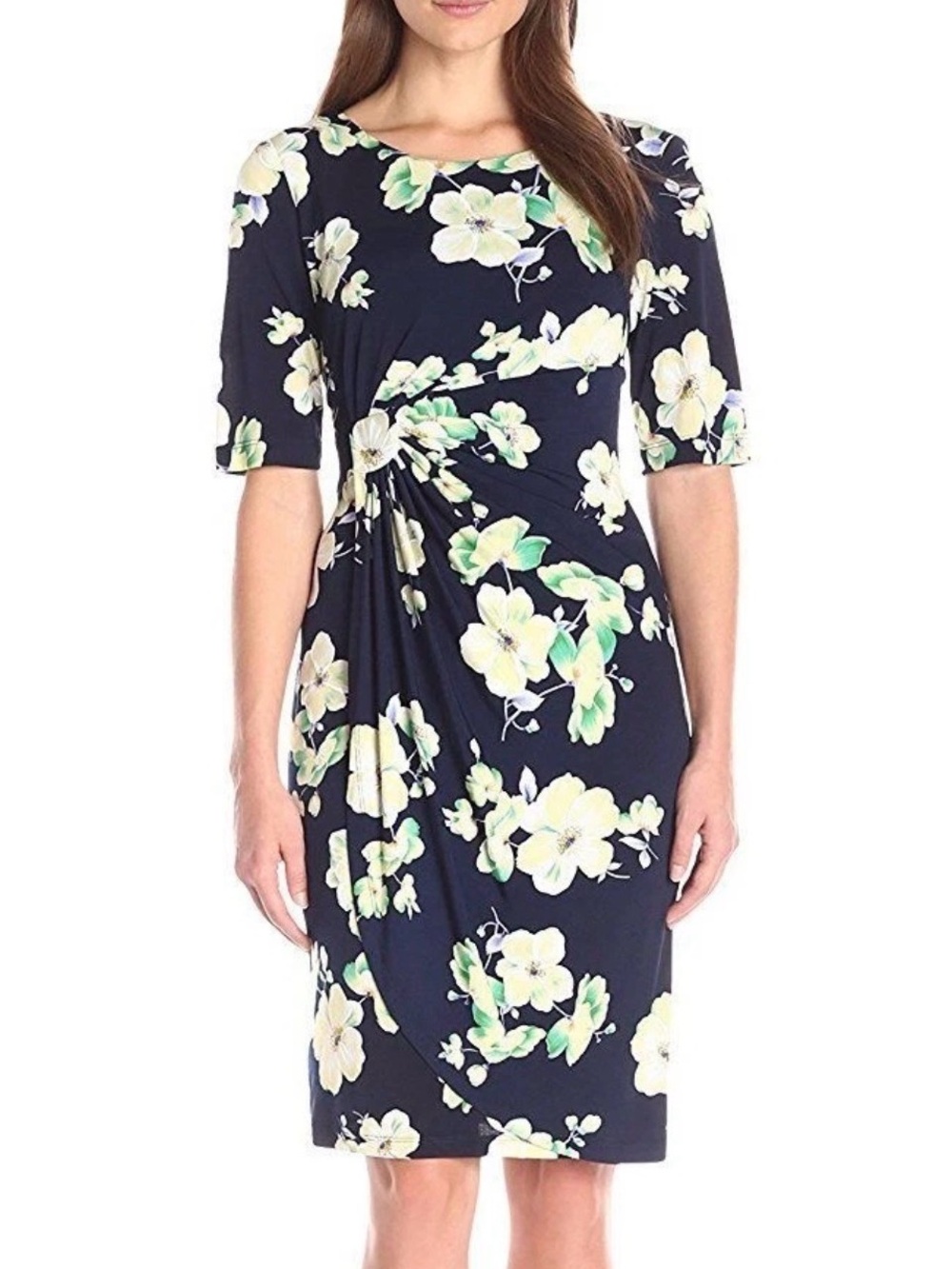 Connected Apparel Navy Floral Elbow Sleeve Ruched Stretch
Jersey Wrap Dress 16